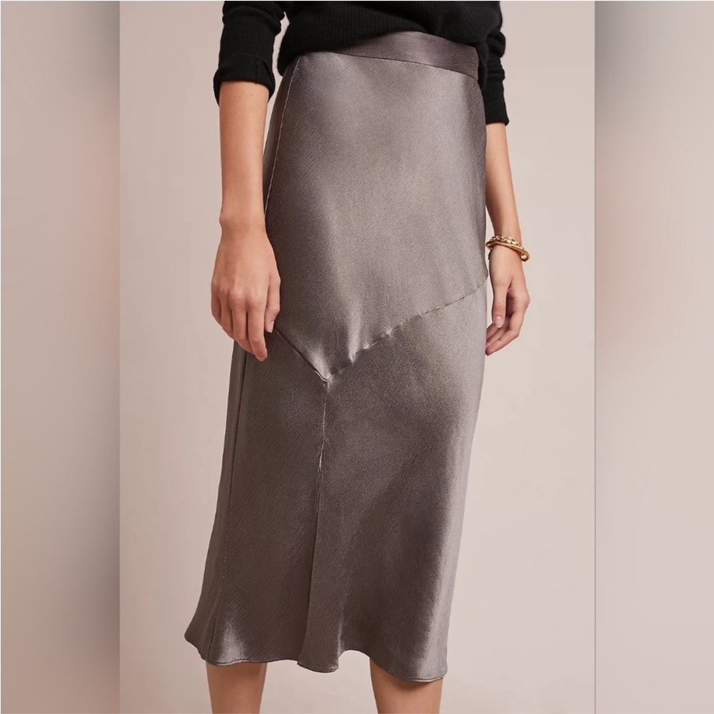 Anthropologie Metallic Gray Satin Midi Skirt